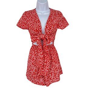 Princess Polly Virgo Ditsy Floral Tie Front Red & White Romper Size 4